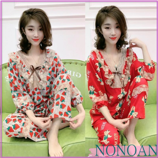 Màu Đỏ Mẫu Đồ Ngủ Nữ Mùa Hè Mới Phiên Bản Hàn Quốc Ngắn TayVCổ Áo Kích Thước Lớn Cho Người Mập Mặc Nhà Hai Mảnh Báo