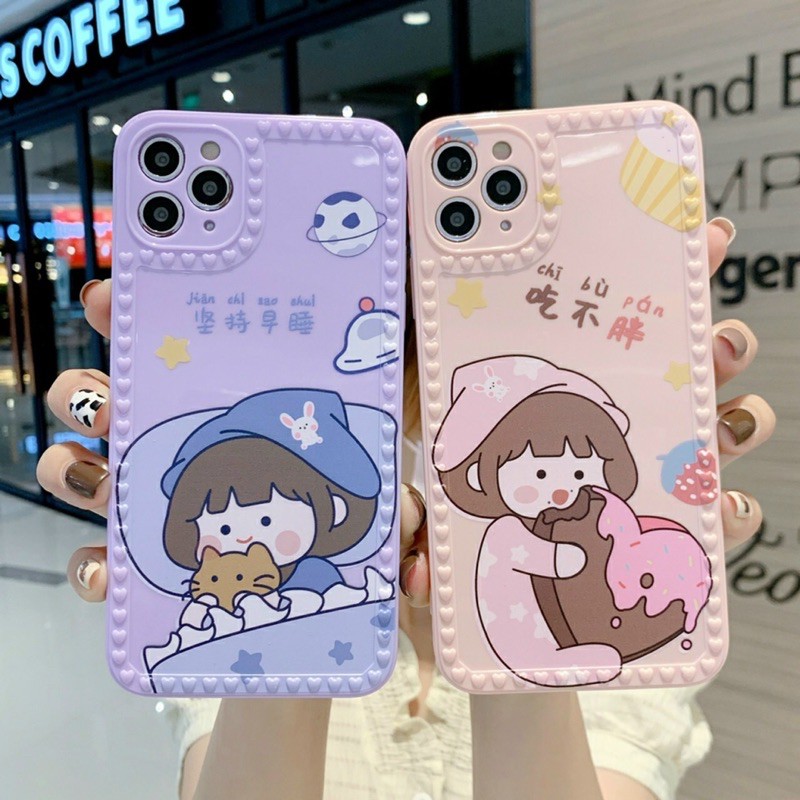 Ốp lưng viền vuông bảo vệ camera cho iPhone 6+ đến 12 Pro max in hình siêu cute dễ thương