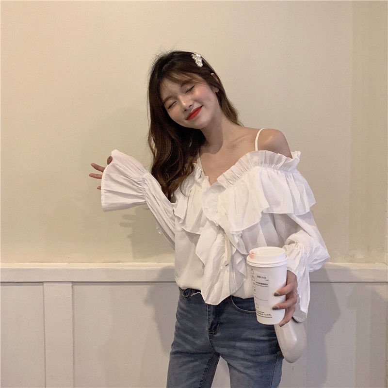 [Juxxi] Áo Sơ Mi Tay Loe Trễ Vai Dáng Rộng Thời Trang Dành Cho Nữ