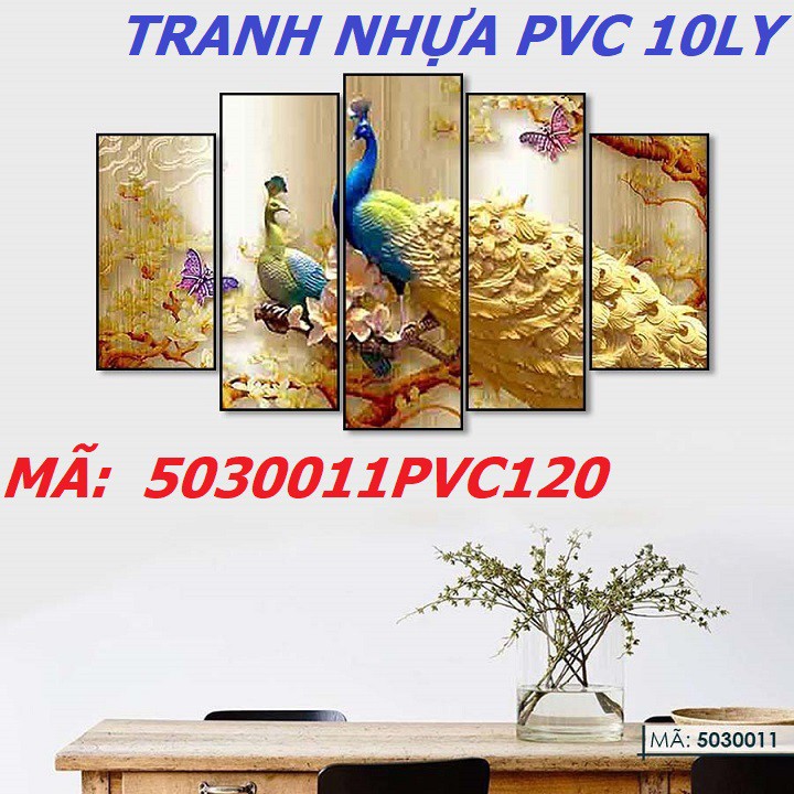 5030011FO120 Bộ 5 Tấm Tranh ghép treo tường Phong Thủy Hoa Mẫu Đơn Chim Công Khổng Tước trang trí phòng khách phòng ngủ