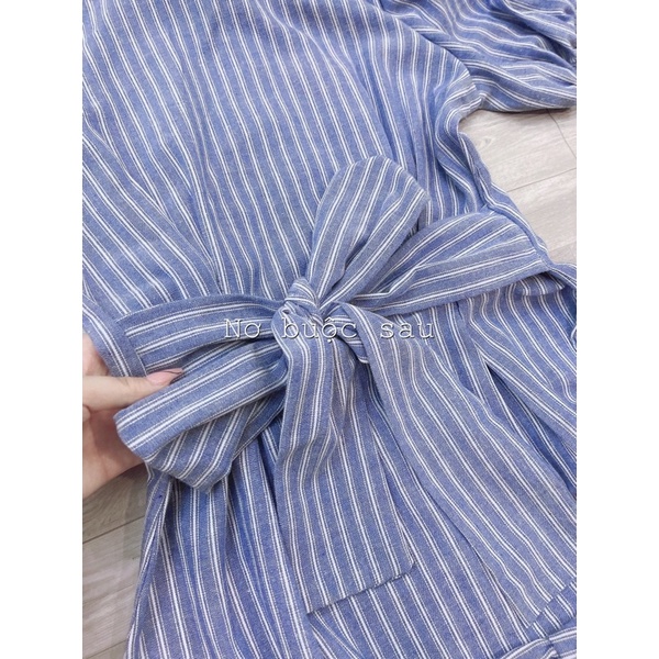 Váy sơ mi kẻ sọc xanh tay bồng có dây buộc eo tôn dáng Aimee closet