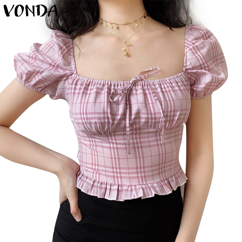 Áo Kiểu Crop Top VONDA Cổ Vuông Tay Ngắn Thiết Kế Bèo Nhún Họa Tiết Kẻ Sọc Phong Cách Hàn Quốc Mùa Hè Quyến Rũ Cho Nữ