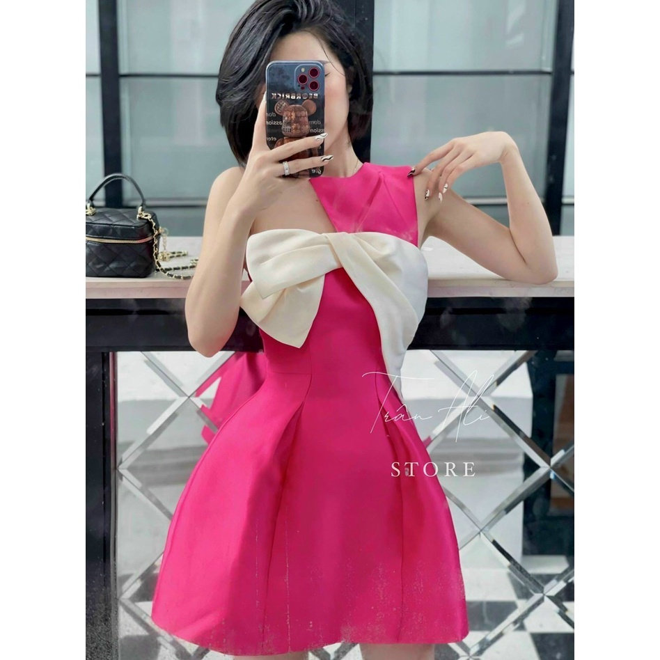 [8.8 Sales Freeship] Đầm nữ thiết kế, đầm kiểu chéo cổ đính nơ to,  đầm xoè phối cổ yếm hở ngực dáng xoè sang chảnh dx