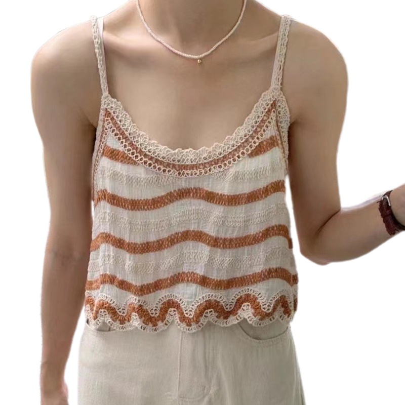 Áo Croptop Hai Dây Thêu Họa Tiết Kẻ Sọc Màu Sắc Tương Phản Thời Trang Đi Biển Cho Nữ