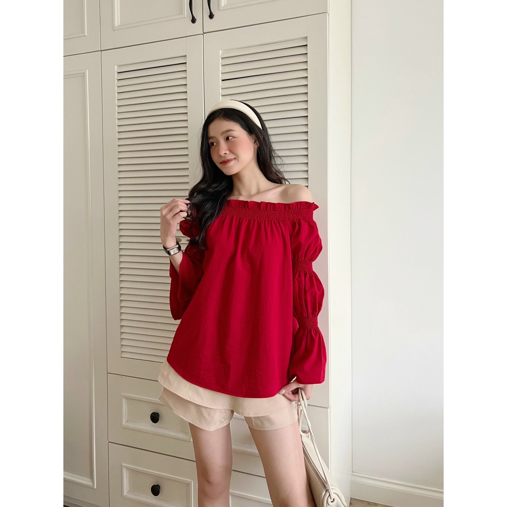 YU CHERRY | Áo trễ vai, tay ôm nhún tầng phù hợp cho bắp tay to, Shirred sleeve top YA409