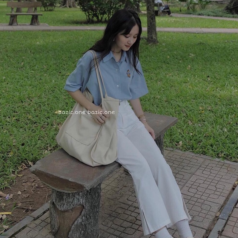 Áo sơ mi thêu gấu unisex tay lỡ be trắng xanh freesize vintage hàn quốc đi làm đi học ylydress C446