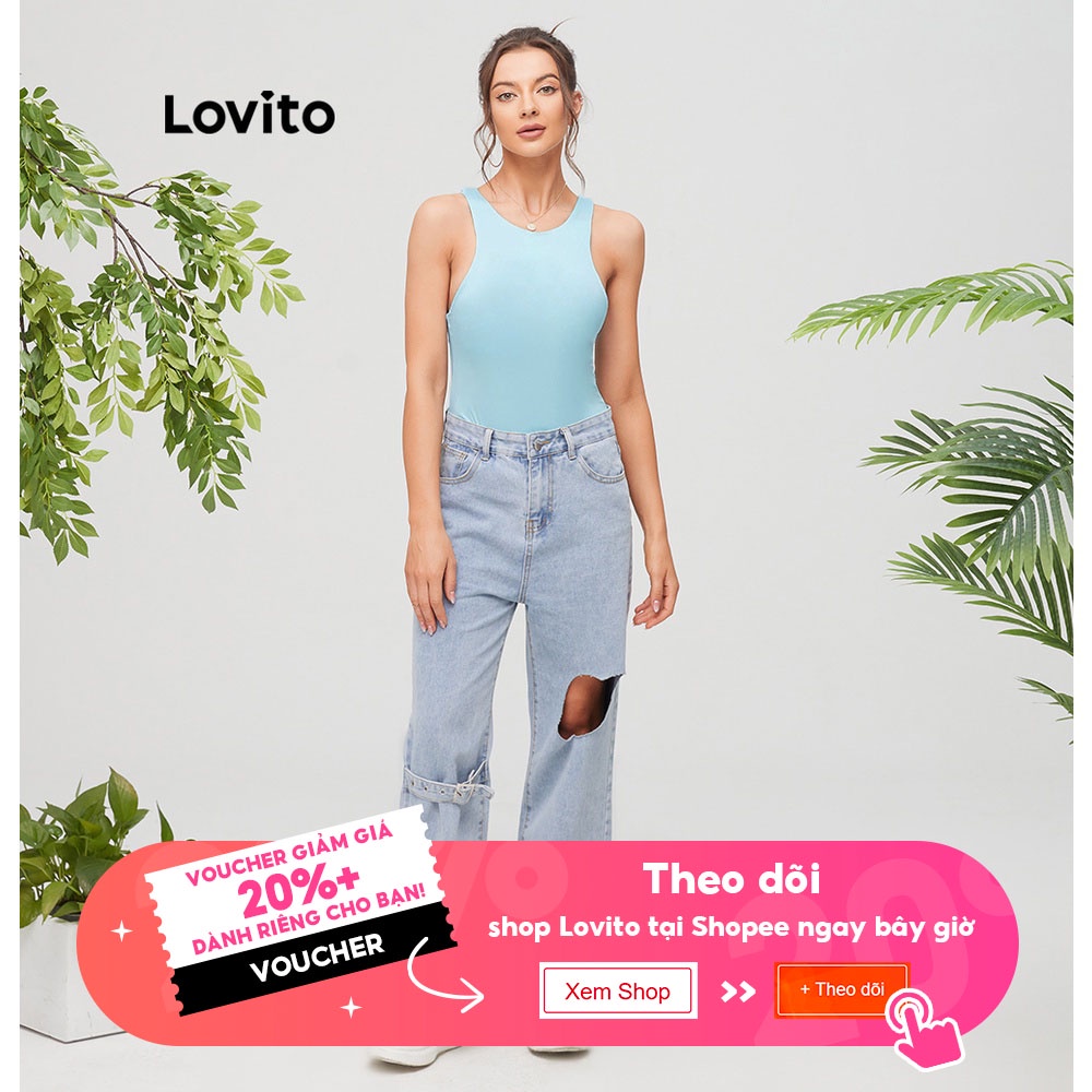 Bộ áo liền quần cổ tròn hở vai Lovito màu trơn L11058 | BigBuy360 - bigbuy360.vn