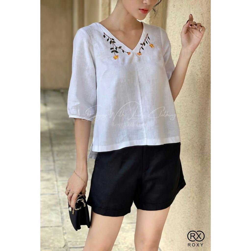 Áo Kiểu ROXY Dáng Tay Lửng Phối Cổ Chữ V Thêu Hoa 7013