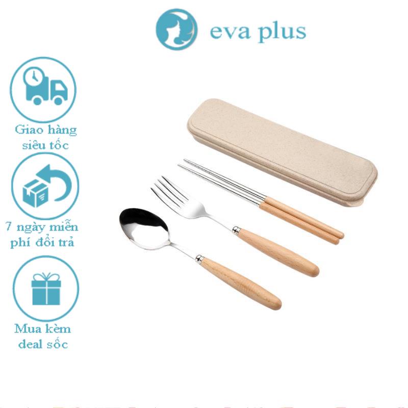 Bộ Muỗng Đũa lúa mạch EVA PLUS Thìa Đũa Văn Phòng Cán Gỗ 3 Chiếc