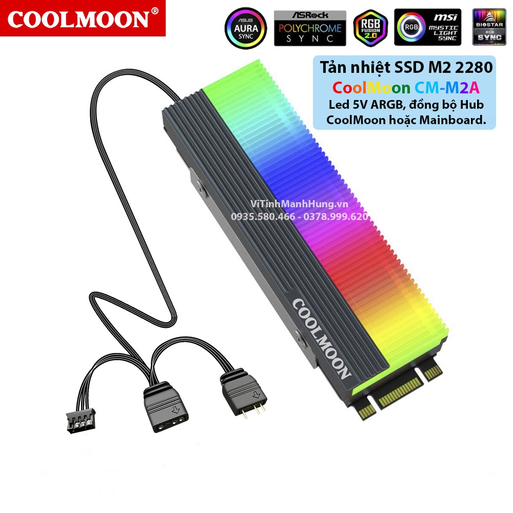 Tản nhiệt SSD M2 2280 CoolMoon CM-M2A, Led 5V ARGB, đồng bộ Hub CoolMoon hoặc Mainboard.