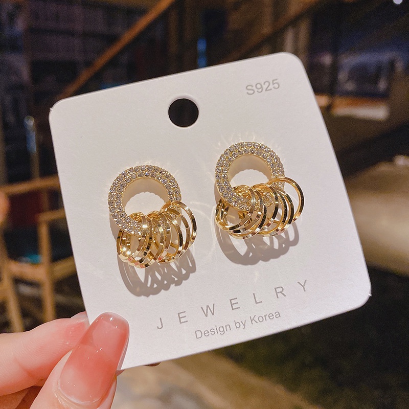 Bông Tai Mạ Bạc S925 Nhiều Lớp Đính Đá Kim Cương Toàn Bộ Phong Cách Retro