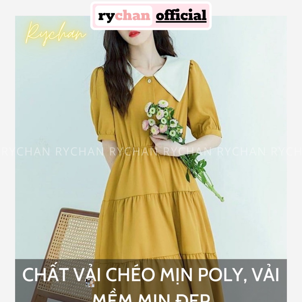 Đầm Midi Xòe Nhún Tầng Màu Vàng Cổ Lá Cột Eo - DX0150
