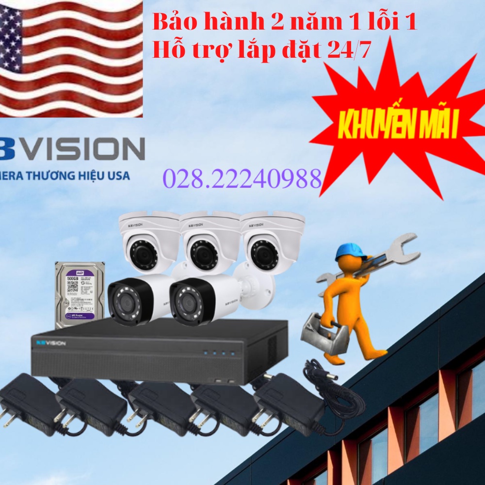 Bộ Camera KBVISION 2 3 4 mắt đến 8 mắt 2mp FullHD 1080p đầy đủ phụ kiện đấu nối sẵn hàng chính hãng