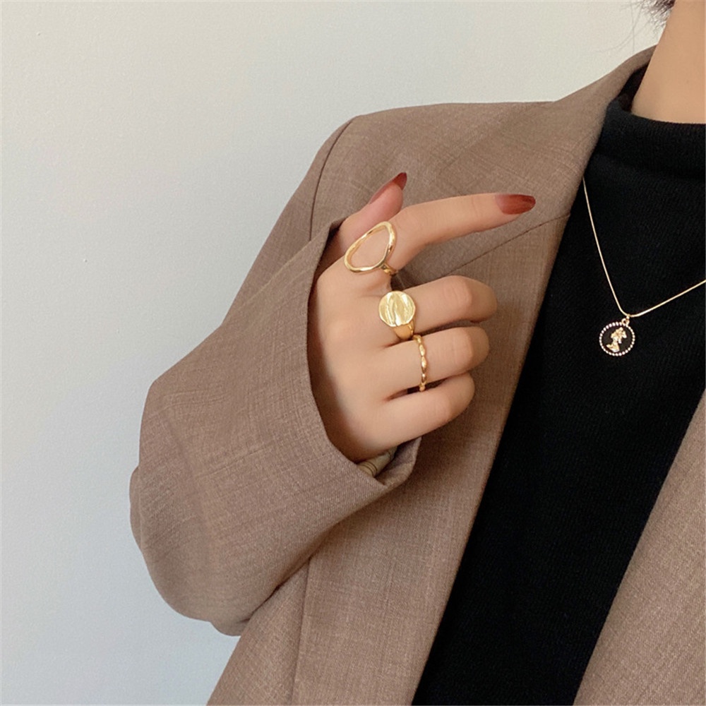 Bộ 3 Nhẫn Hợp Kim Mạ Vàng / Bạc Với Thiết Kế Hình Học Độc Đáo Cho Nữ