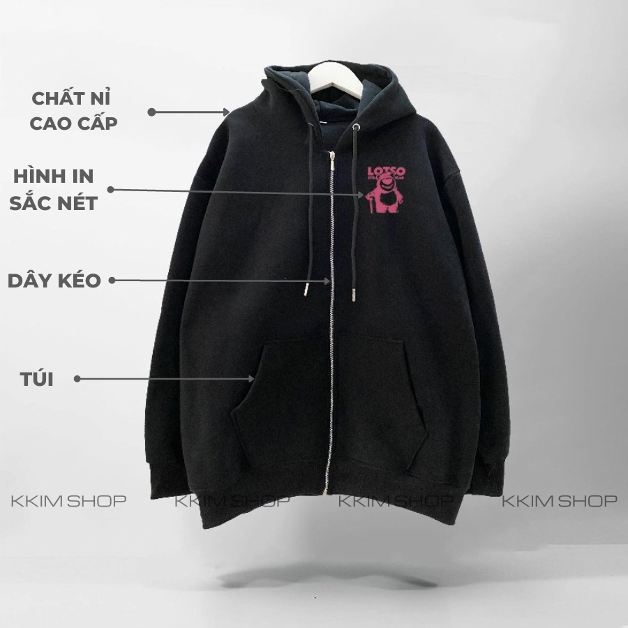 Áo KHOÁC HOODIE Dây Kéo GẤU LOTSO form rộng oversize, Áo Nỉ hoodie ZIP XANH LÁ unisex nam nữ chất liệu Nỉ bông cao cấp