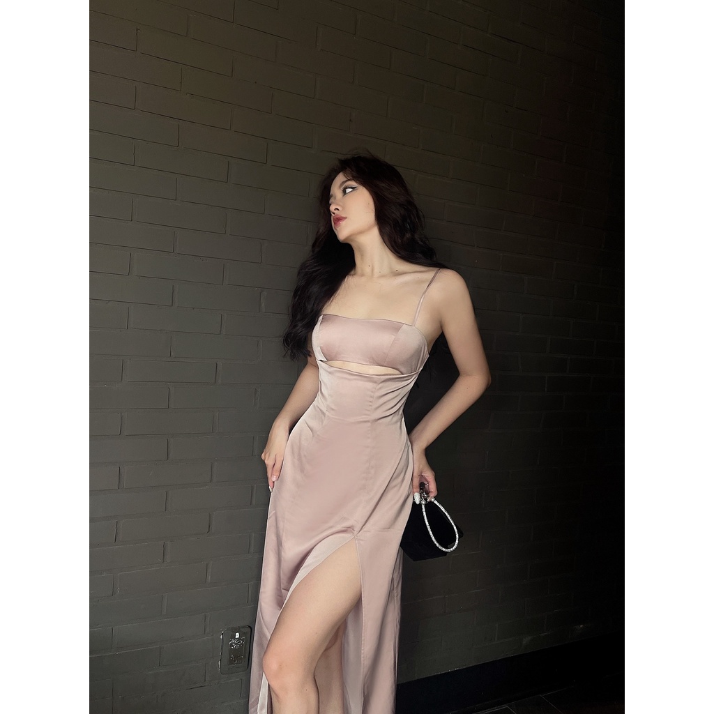 Đầm 2 Dây Khoét Ngực Xẻ Dài LSEOUL V1394 Vải Lụa Sang Trọng Quyến Rũ Phù Hợp Đi Tiệc