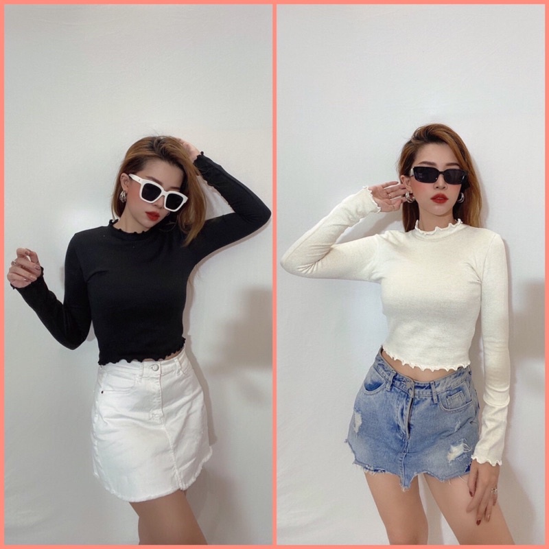 Áo cổ lọ tay dài cuốn biên len dệt kim, 2 màu