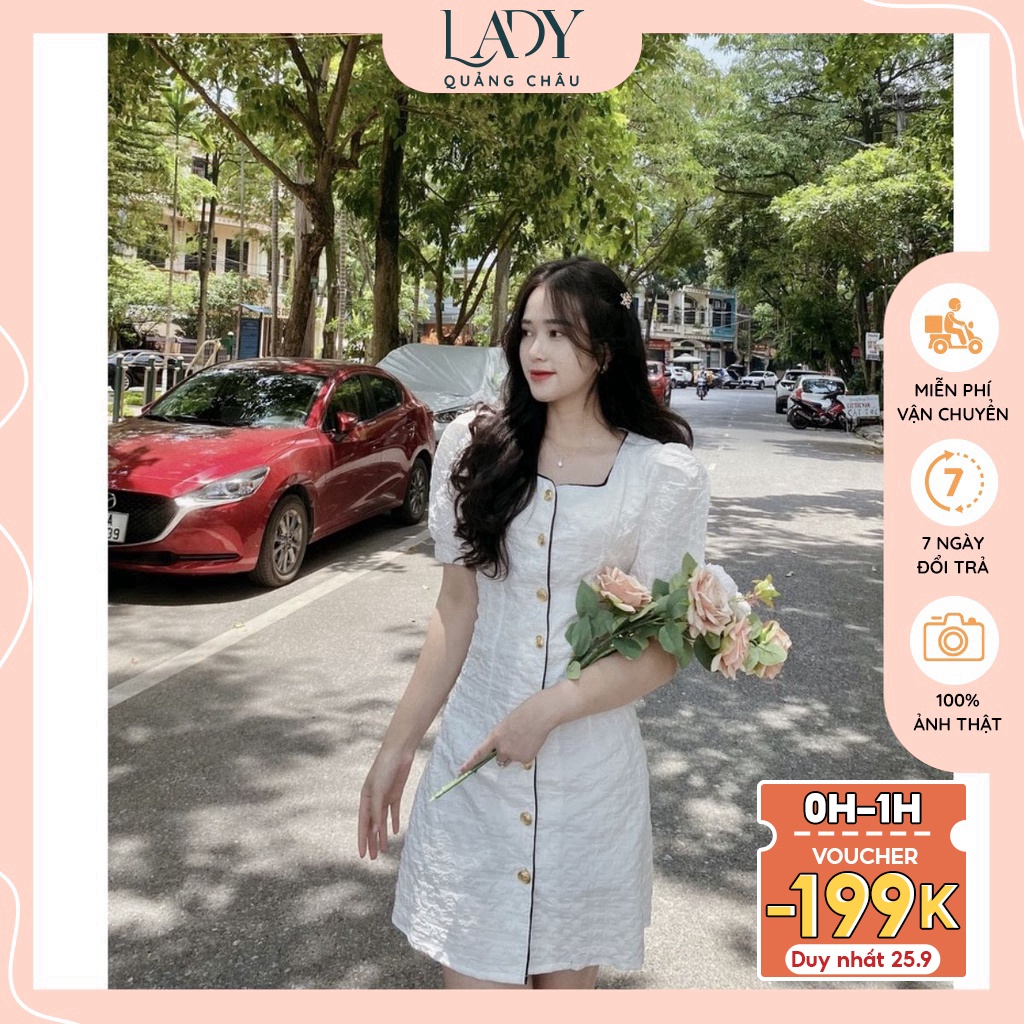 Váy trắng chữ A ulzzang cổ vuông kiểu hàn, Đầm nữ quảng châu dự tiệc phối khuy sang chảnh