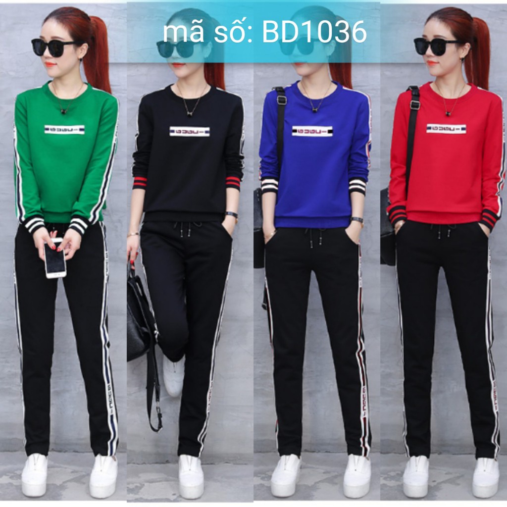 Set nguyên bộ đồ thể thao dài thu đông cổ tròn phối sọc