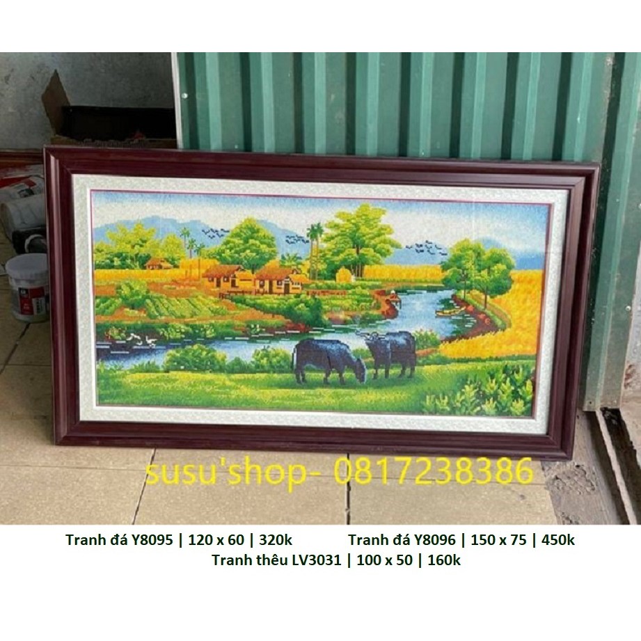 Tranh đính đá phong cảnh làng quê Y8095 (120 x 60 cm). Y8096 (150 x 70 cm). Tranh thêu 3D LV3031 (100 x 50 cm)