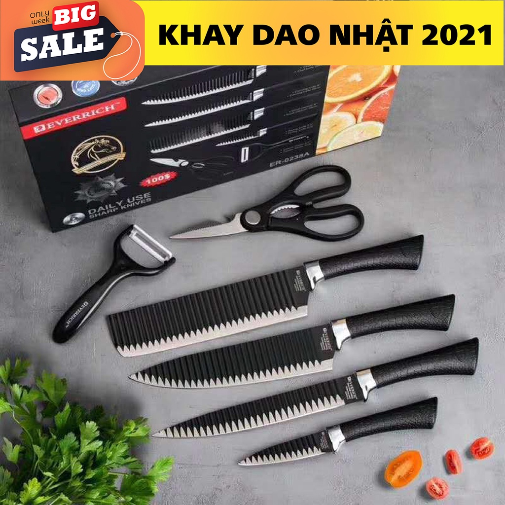 Bộ Dao Nhật ASAKH Làm Bếp 6 Món Lưỡi Sóng Cao Cấp, Chất Liệu Hợp Kim CHỐNG DÍNH Kingmart
