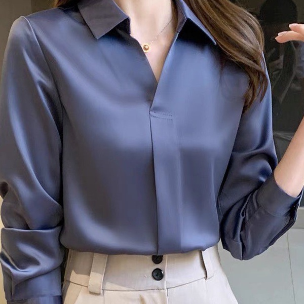 Áo sơ mi công sở nữ vải lụa ngọc trai cổ V tay dài LAMO - B936