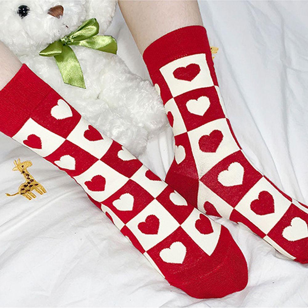 Vớ Cotton Màu Đỏ Họa Tiết Chấm Bi / Trái Tim Ngọt Ngào Thời Trang Cho Nữ