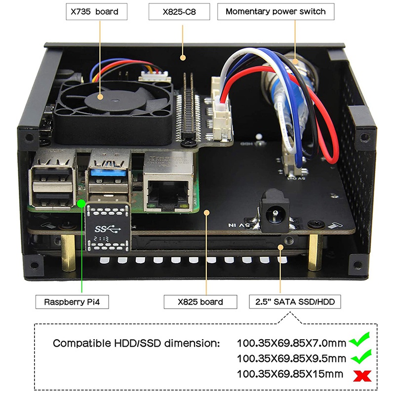 Bộ Vỏ Kim Loại + Công Tắc Nguồn + Quạt Tản Nhiệt X825-C8 Cho Raspberry Pi | BigBuy360 - bigbuy360.vn