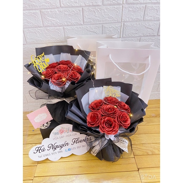 [quà sinh nhật-quà 14/2] Combo Bó hoa hồng nhũ 7 bông tặng kèm Túi + Thiệp như hình