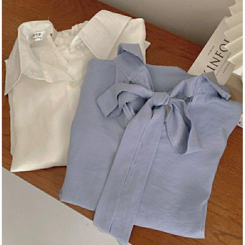 Áo sơ mi tay bồng buộc nơ sau kèm ảnh thật freesize