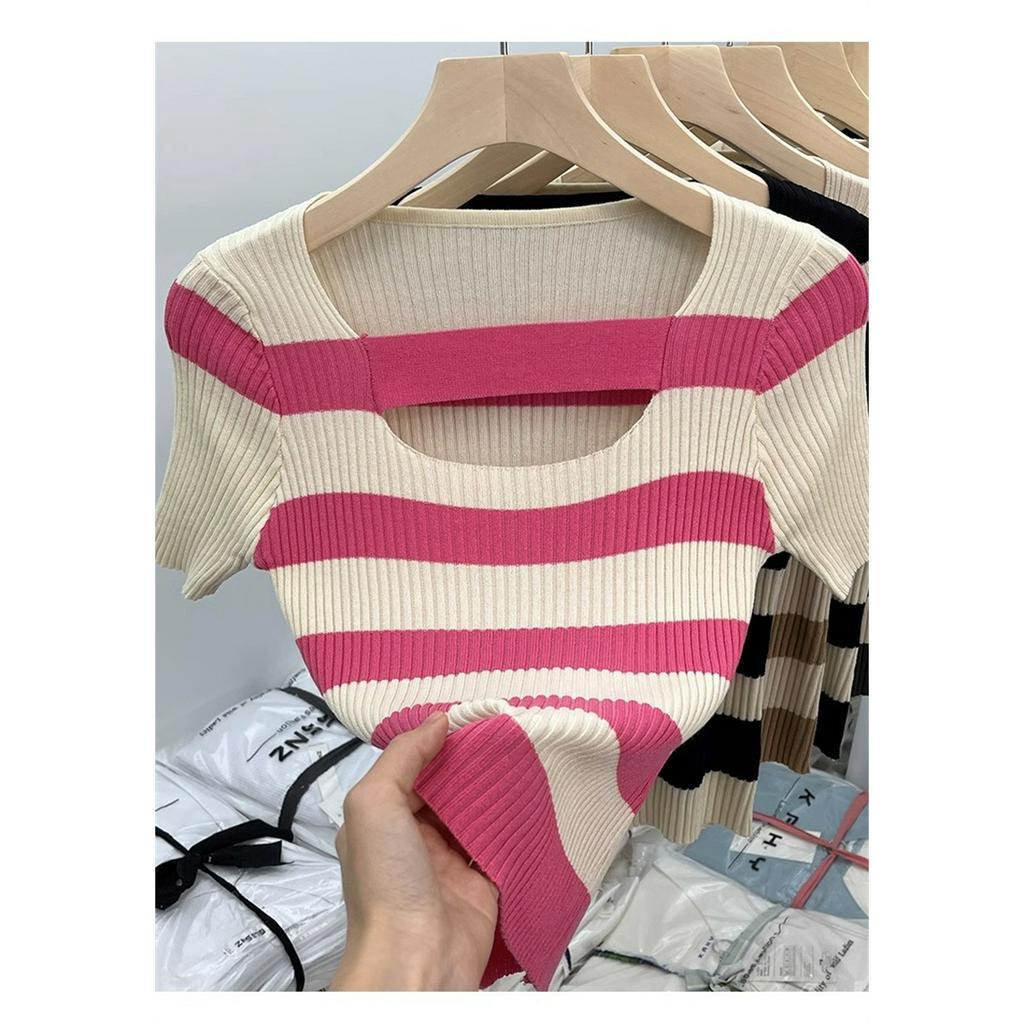 Áo Dệt Kim Cổ Vuông Họa Tiết Kẻ Sọc Thời Trang Mùa Hè Quyến Rũ Cho Nữ