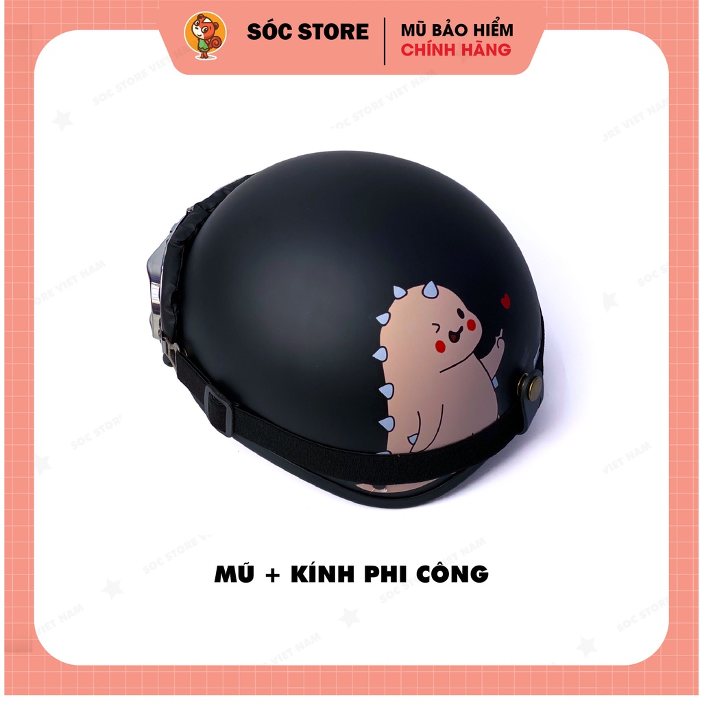 Mũ bảo hiểm nửa đầu 1/2 in hình Khủng long đen kính phi công Sóc Store Vietnam
