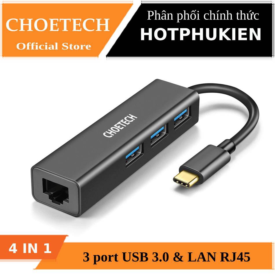 Hub Adapter chuyển đổi 4 in 1 Type-C ra 3 cổng USB 3.0 & cổng LAN RJ45 hiệu CHOETECH U02BK dùng cho Macbook / Laptop