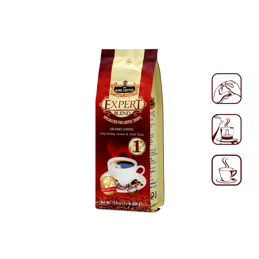 Cà Phê Rang Xay Expert Blend 1 KING COFFEE - Túi 500g -  cà phê nguyên chất Robusta từ Buôn Ma Thuột - Đậm và Thơm Lâu