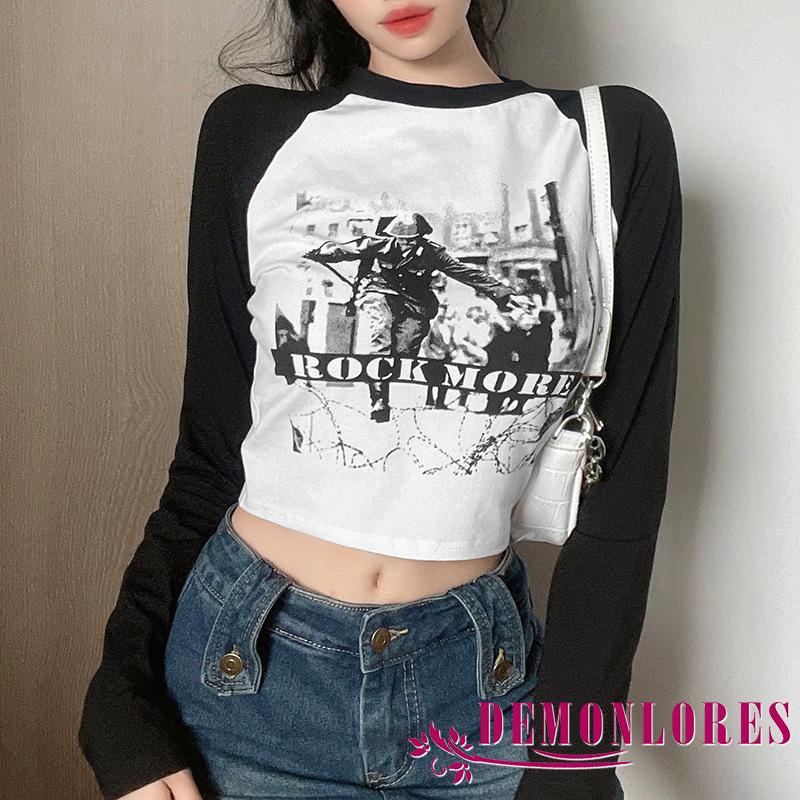 Demonlores-Y2K Áo Thun Tay Dài Cổ Tròn In Chữ Màu Trắng Đen Phong Cách Gothic Quyến Rũ Cho Nữ