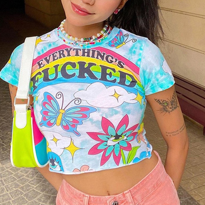 Áo Thun Crop Top Tay Ngắn In Họa Tiết Hoạt Hình Phong Cách Harajuku Thời Trang Cho Nữ