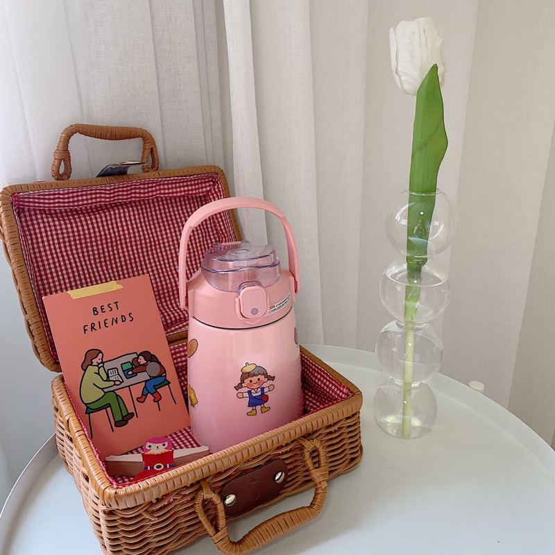Bình nước giữ nhiệt cute có sticker và ống hút kiểu dáng dễ thương - Bình giữ nhiệt sticker 900ml cho bé inox 304 xịn