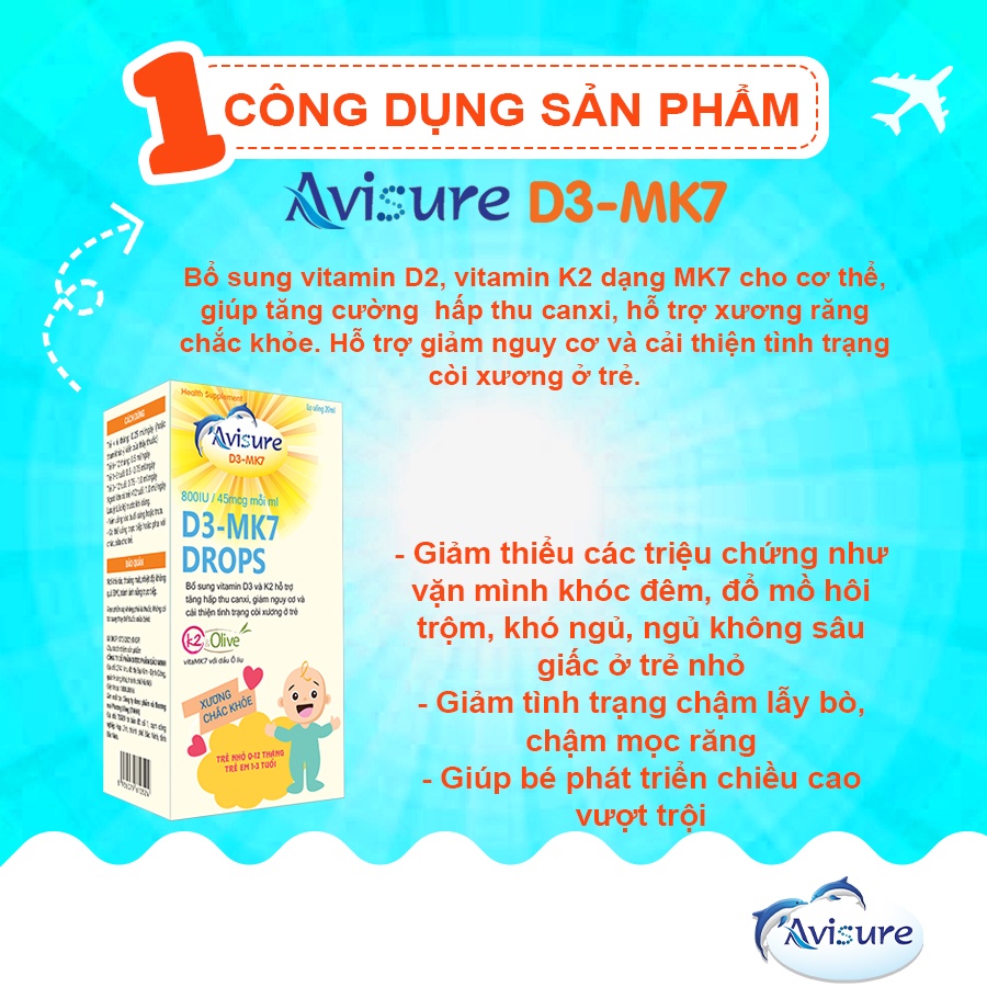 Vitamin D3 K2 tinh khiết Italia Avisure D3MK7 giúp bé cao lớn, ngủ ngon 20ml