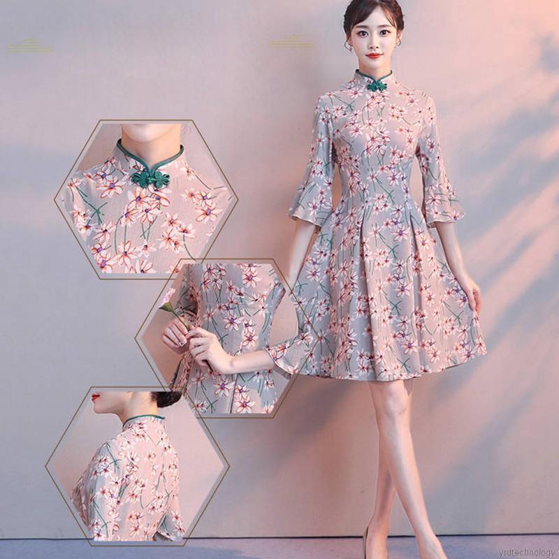 Summer Fashion Retrol National Style Floral Print Long Cheongsam Dress | BigBuy360 - bigbuy360.vn