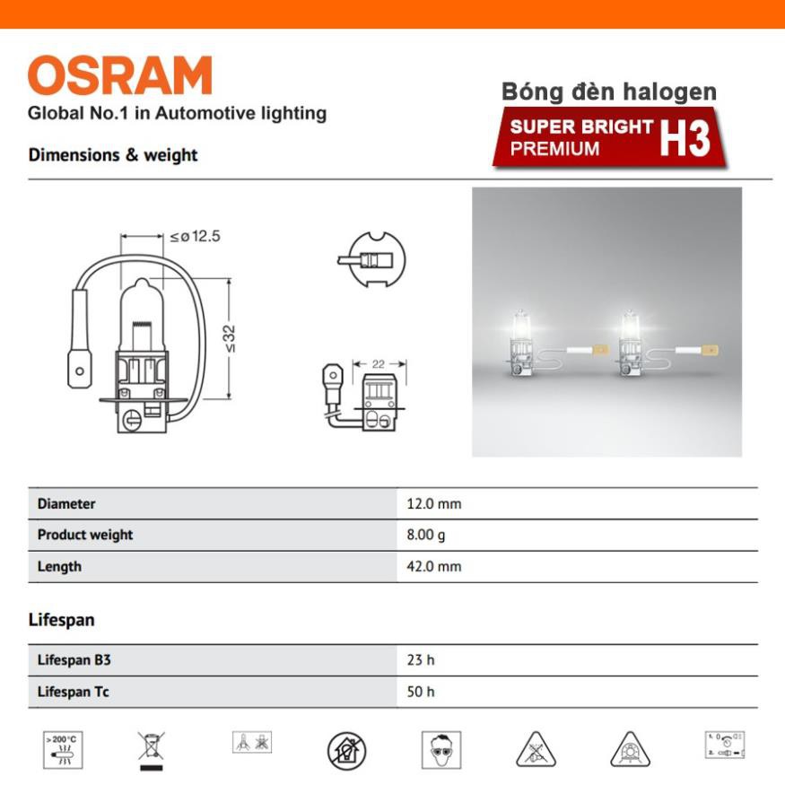 Bóng đèn halogen OSRAM SUPER BRIGHT PREMIUM H3 12v 100w - Nhập Khẩu Chính Hãng