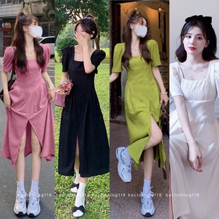 ĐẦM MIDI CỔ VUÔNG XẺ TÀ TAY NGẮN 4 MÀU
