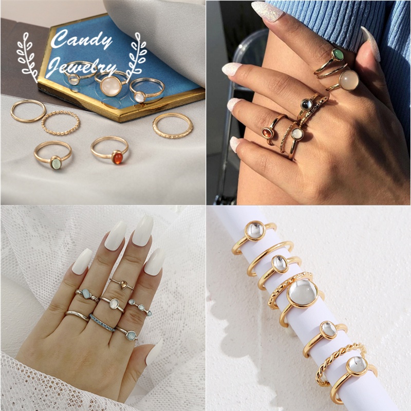 Set 7 nhẫn đeo tay kim loại đính đá thời trang cho nữ