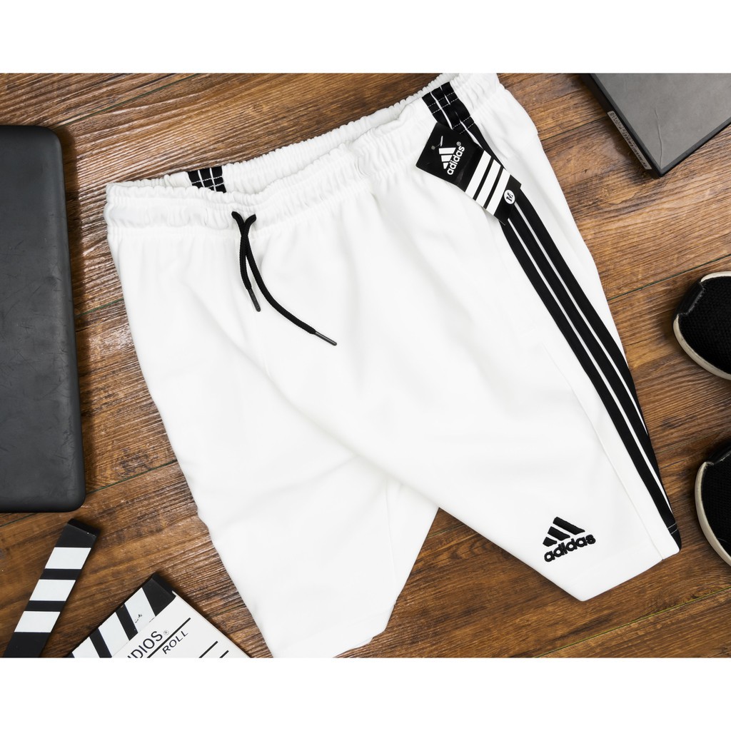 Quần đùi tập gym nam ba sọc logo adidas núi hai màu trắng đen chất liệu thun poly cực đẹp [ảnh thật]