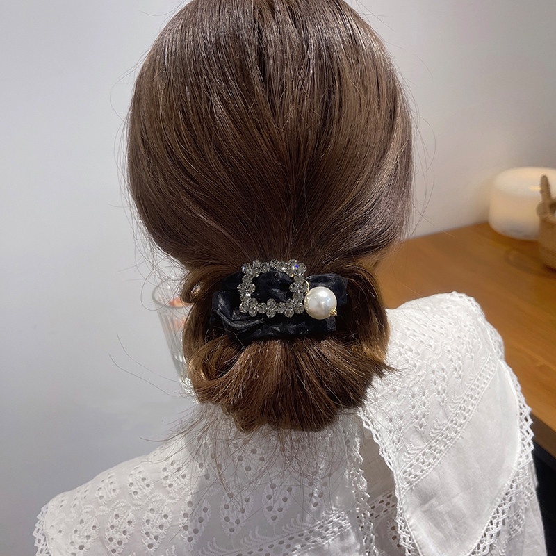 Dây Buộc Tóc Lưới Cao Su Co Giãn Đính Hạt Ngọc Trai Kiểu Hàn Quốc Cổ Điển Xinh Xắn Cho Nữ