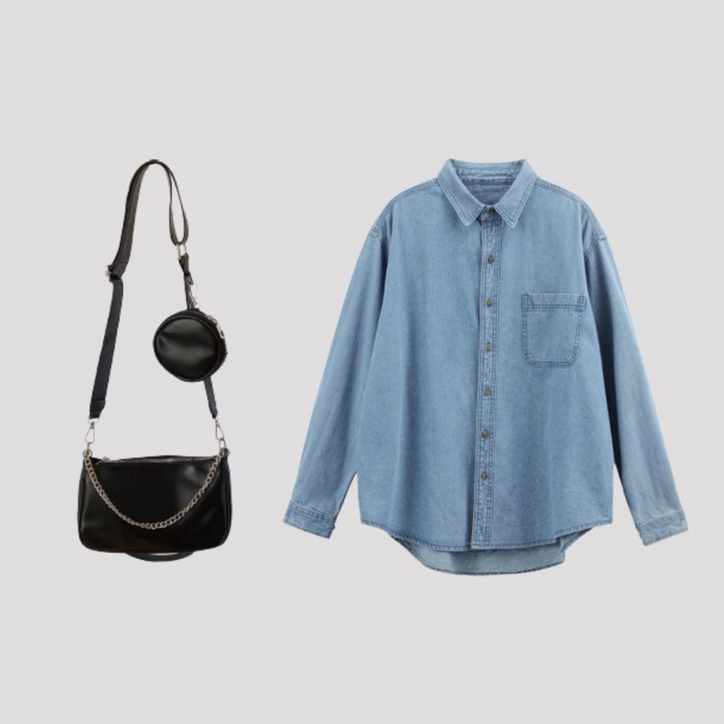 ⚡️FREESHIP⚡️Deal HOT Áo sơ mi bò Denim style Vintage Pháp dáng rộng basic kèm túi da phong cách cho nữ Laylaland