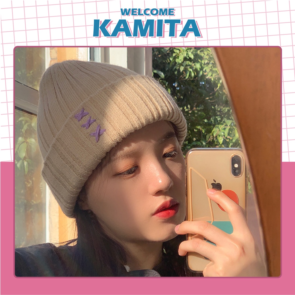 Mũ Len Dài Dệt Kim KAMITA Thêu Chỉ Thời Trang Hàn Quốc, Nón Len Beanie Unisex Nam Nữ Đẹp Vintage Mùa Đông Nhiều Màu ML01