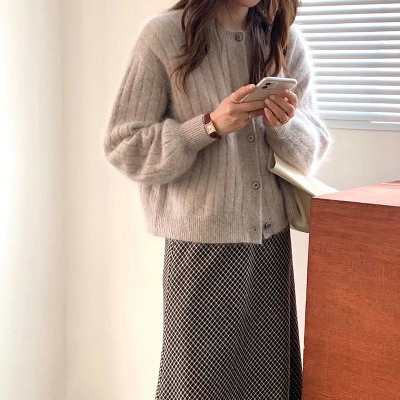 Áo khoác cardigan dệt kim cổ tròn tay phồng dáng rộng họa tiết kẻ sọc thoải mái dành cho nữ