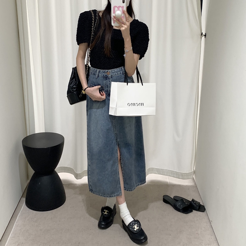 Chân Váy Denim Lưng Cao Dáng Chữ a Thiết Kế Xẻ Tà Thời Trang Mới Cho Nữ