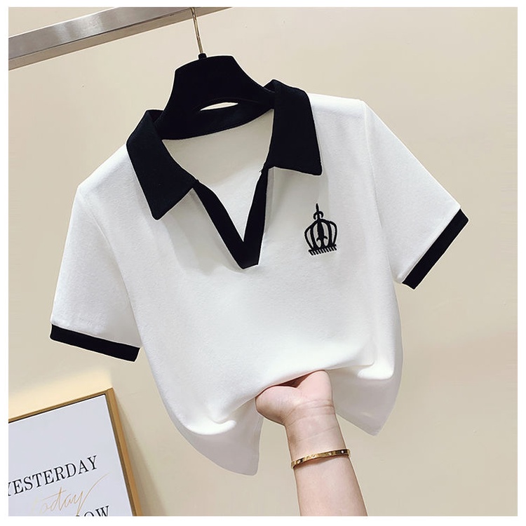 Áo thun polo dáng ngắn cổ V tay ngắn phong cách hè cho nữ