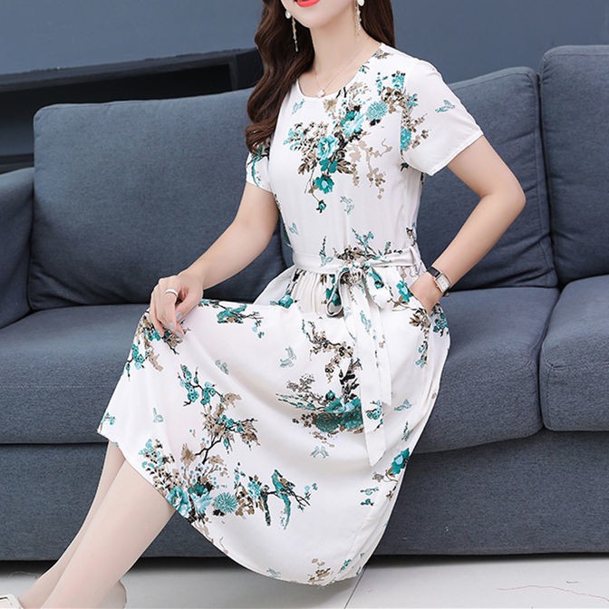 Váy mẹ, cotton lụa, size lớn, xòe rộng, dài ngang gối tính khí, mới cho người trung niên và già 40 tuổi